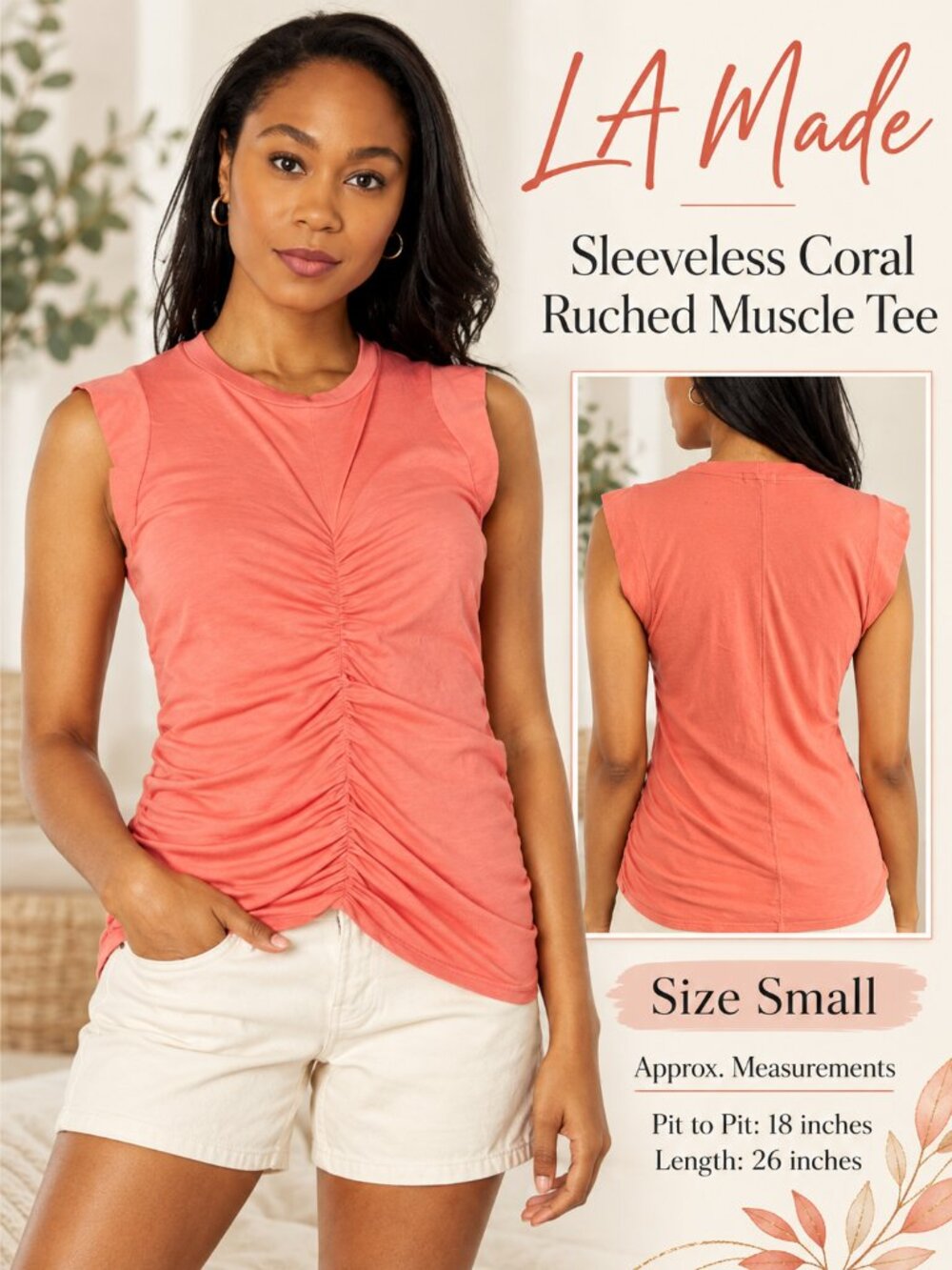 LA Made Sleeveless Coral Ruched Muscle Tee Size Small